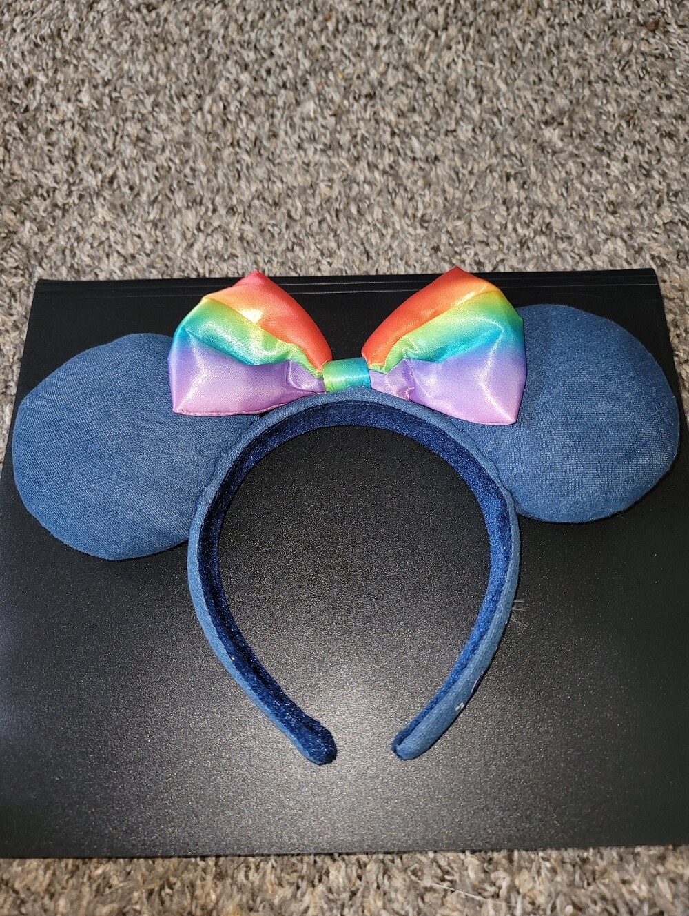 Disney Parks Pride Collection Blue Denim Rainbow Bow Minnie Mouse Ears Headband